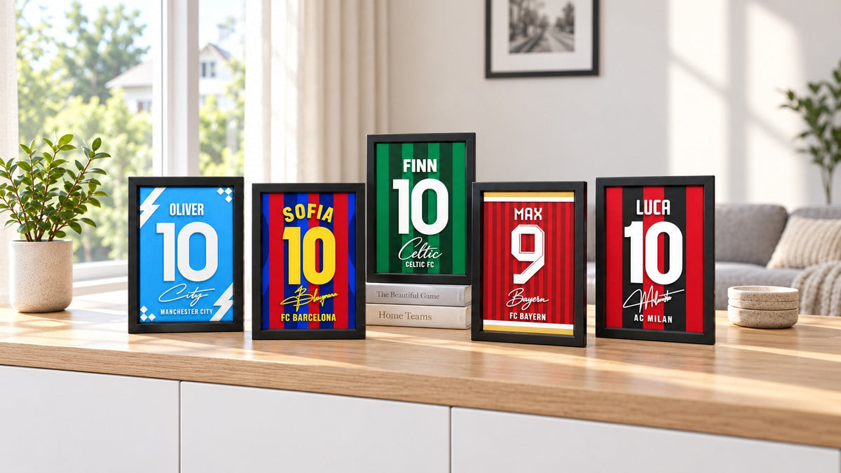 Five personalized football team frames displayed on a light oak console in a bright, modern living room.