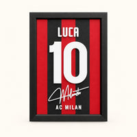 AC Milan jersey frame personalized with LUCA and the number 10 on a soft white background.