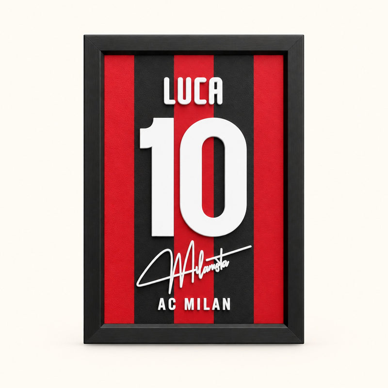 AC Milan jersey frame personalized with LUCA and the number 10 on a soft white background.