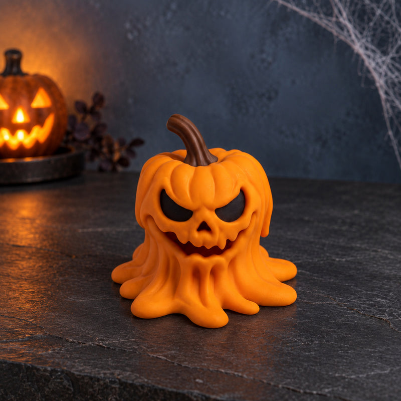 Orange angry pumpkin with a brown stem and a sculpted melting base in a styled home setting.