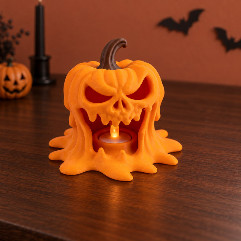 Orange open-mouthed pumpkin lantern with a brown stem and a warm glow in a styled home setting.