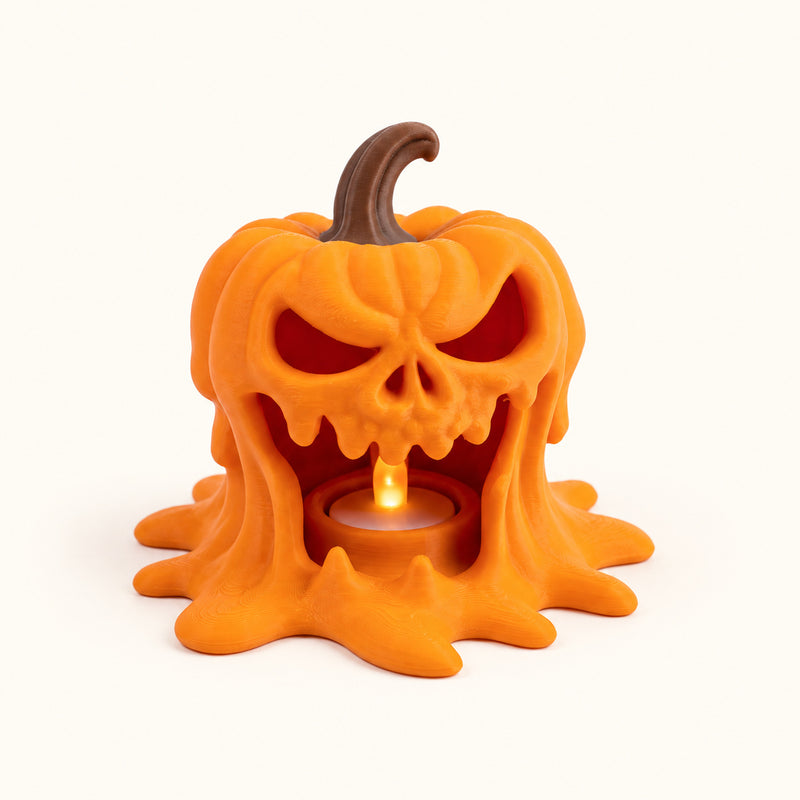Orange open-mouthed pumpkin lantern with a brown stem and a warm glow on a soft white background.