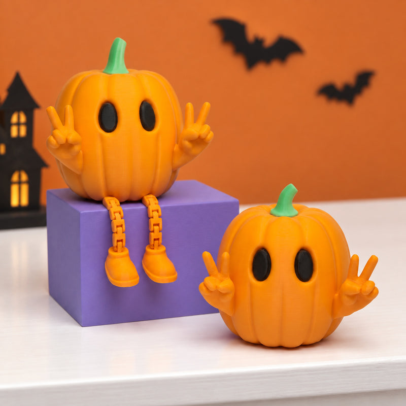 Orange pumpkin characters with green stems, with one seated on a purple block in a styled home setting.