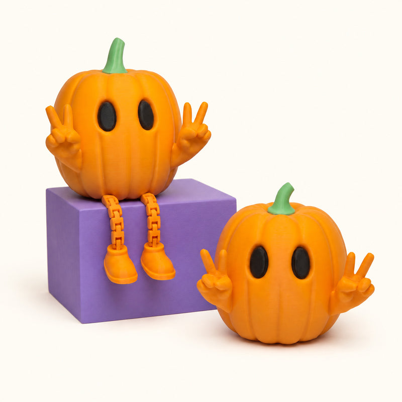 Orange pumpkin characters with green stems, with one seated on a purple block on a soft white background.