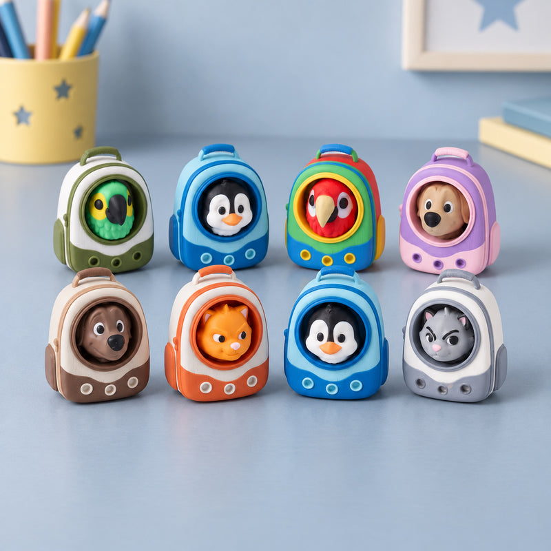 A group of miniature colourful backpacks with animal faces in a styled home setting.