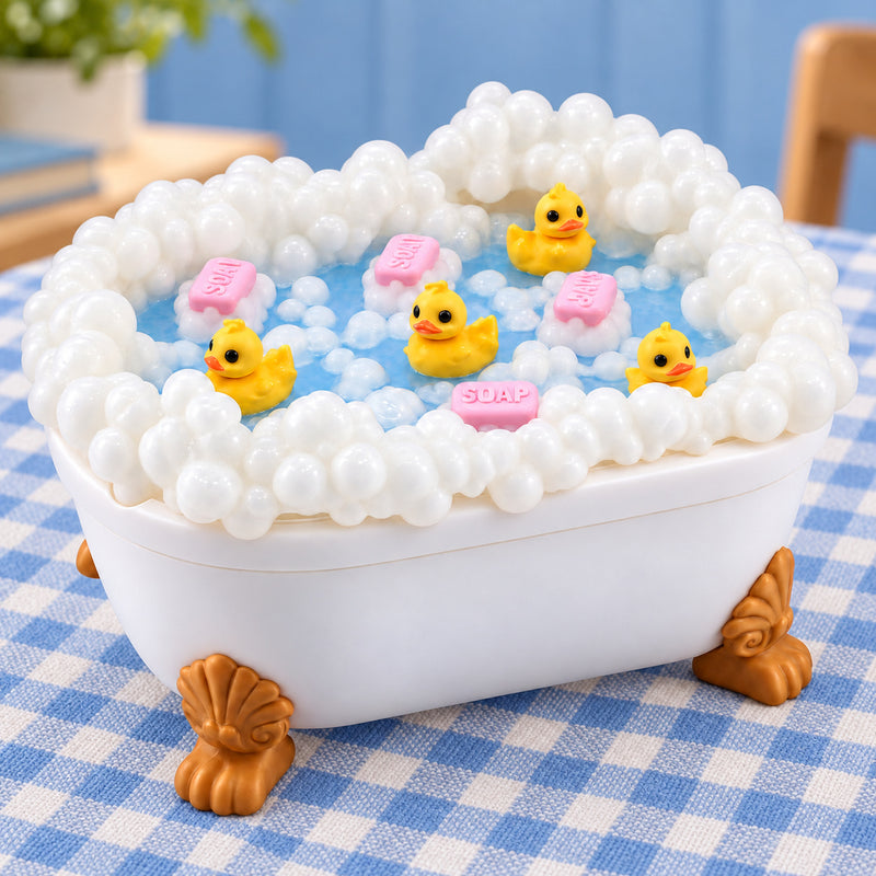 Miniature bathtub game on a blue gingham tablecloth.