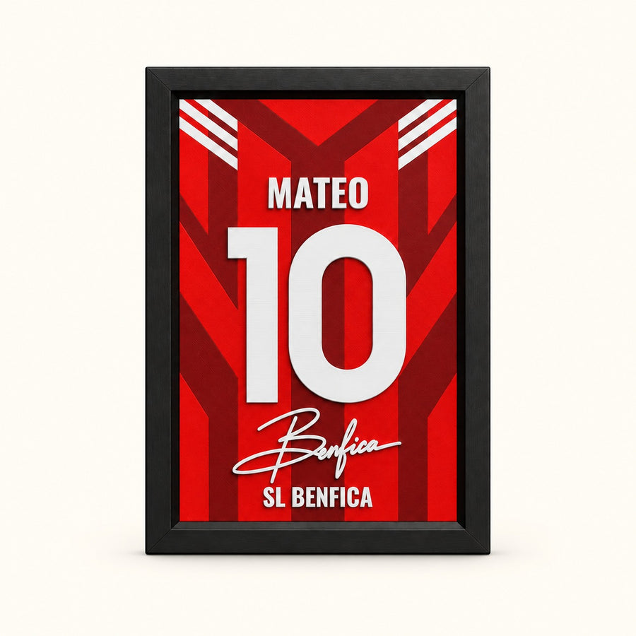Benfica jersey frame personalized with MATEO and the number 10 on a soft white background.