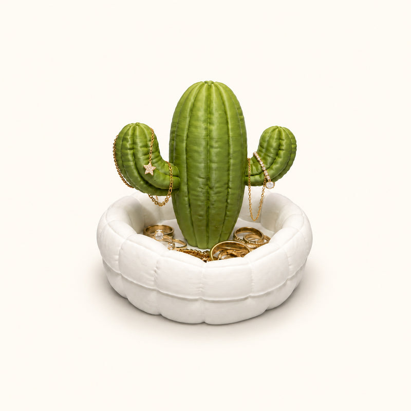 Green cactus jewellery stand in a white dish holding small jewellery pieces on a soft white background.