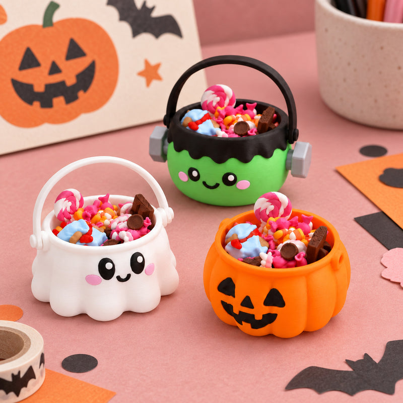 Three candy bucket clicker designs on a pink craft desk.