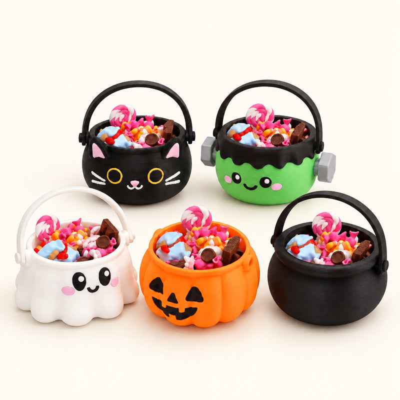 Spooky Candy Bucket Clickers showing the pictured product designs on a warm ivory-white background.