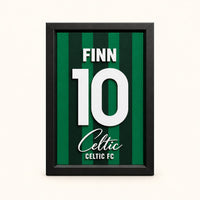 Celtic jersey frame personalized with FINN and the number 10 on a soft white background.