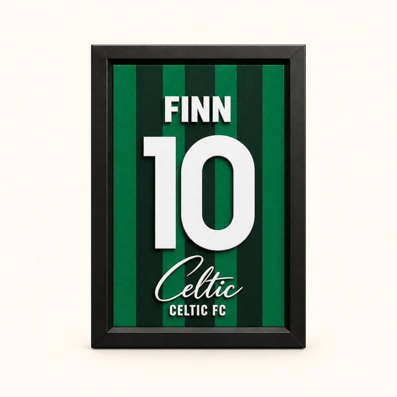 Celtic jersey frame personalized with FINN and the number 10 on a soft white background.
