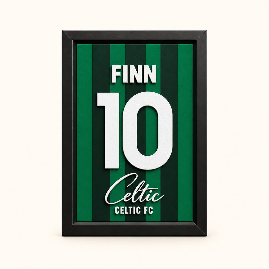 Celtic jersey frame personalized with FINN and the number 10 on a soft white background.