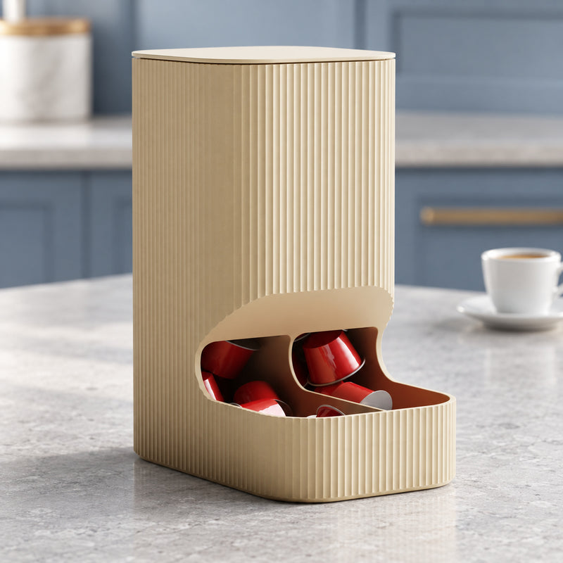 Beige fluted coffee capsule dispenser with red capsules visible in its lower opening in a styled home setting.