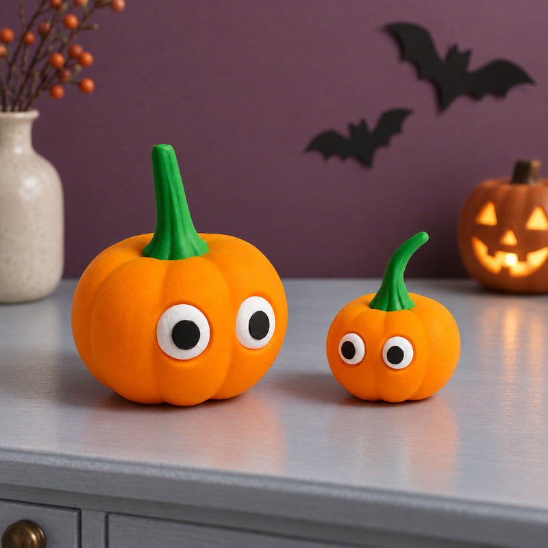 Two orange wide-eyed pumpkin decorations with green stems in a styled home setting.