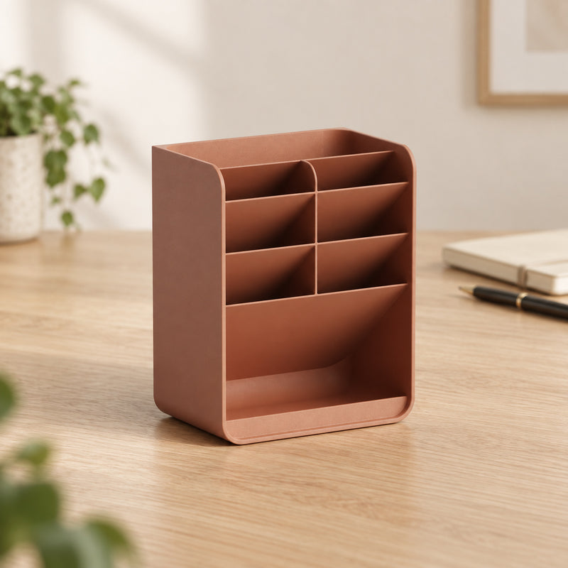 Terracotta upright desk organizer with tiered open compartments in a styled home setting.