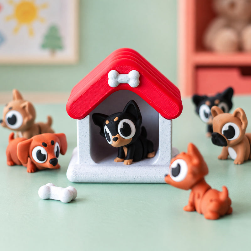 Pale dog house with a red roof surrounded by miniature dogs and white bones in a styled home setting.