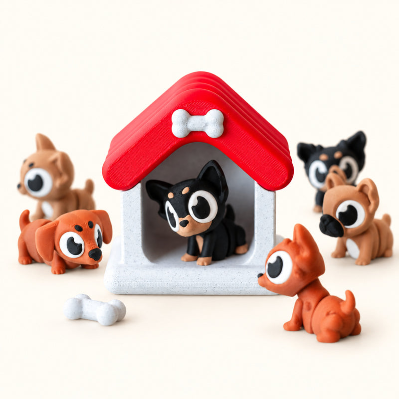 Pale dog house with a red roof surrounded by miniature dogs and white bones on a soft white background.