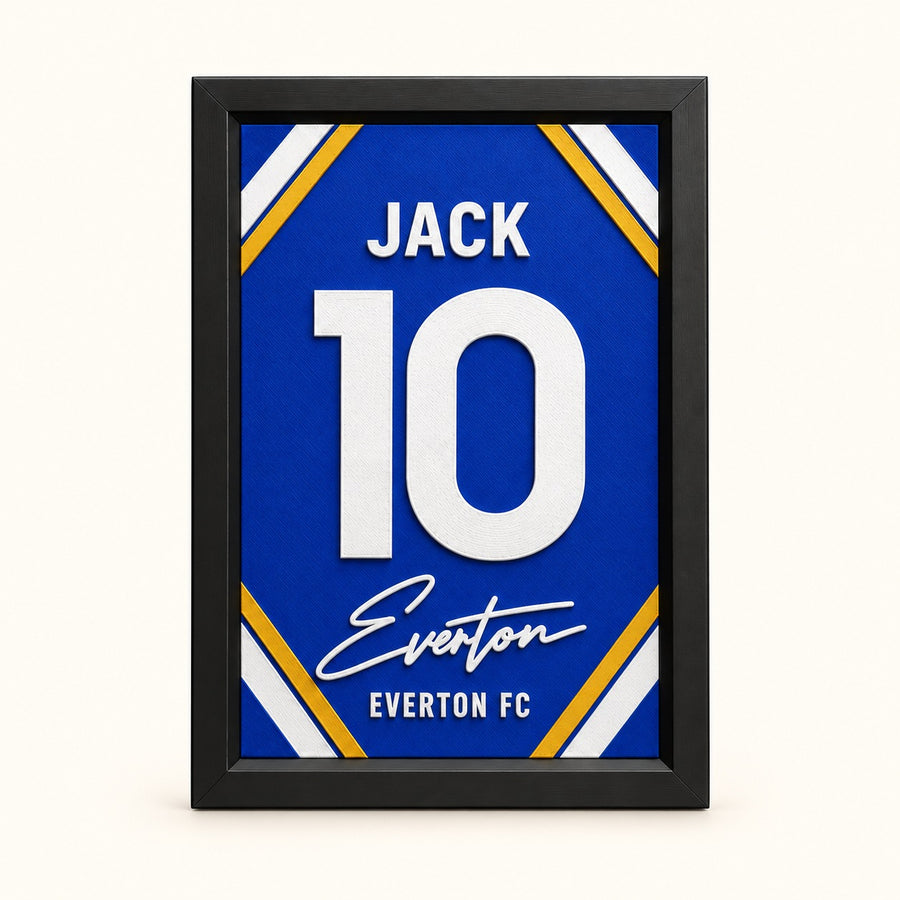 Everton jersey frame personalized with JACK and the number 10 on a soft white background.