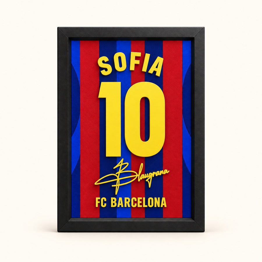 Barcelona jersey frame personalized with SOFIA and the number 10 on a soft white background.