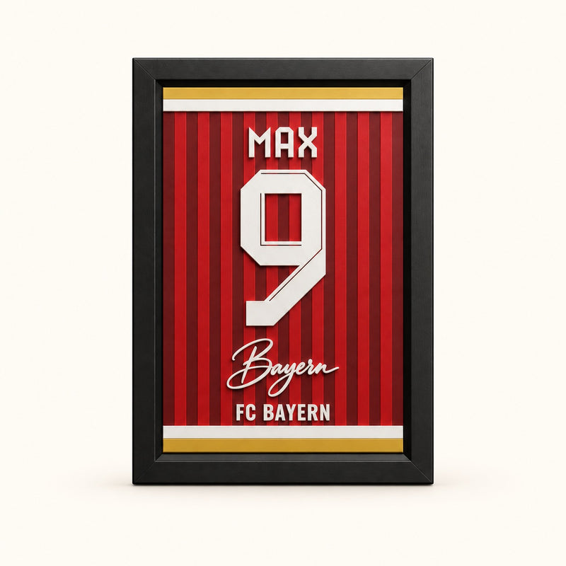 Bayern Munich jersey frame personalized with MAX and the number 9 on a soft white background.