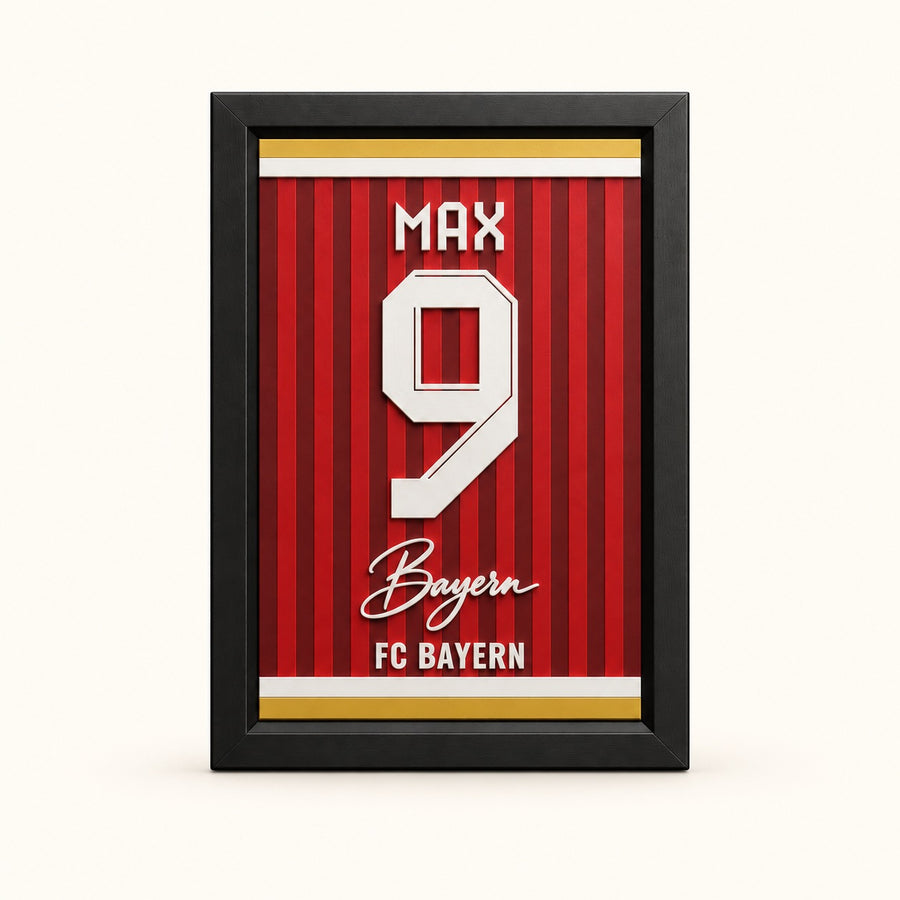 Bayern Munich jersey frame personalized with MAX and the number 9 on a soft white background.