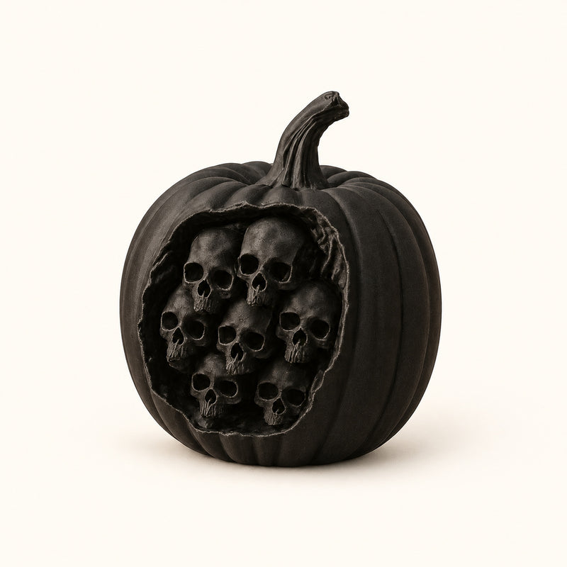 Dark pumpkin decoration with a front opening filled with small skull shapes on a soft white background.