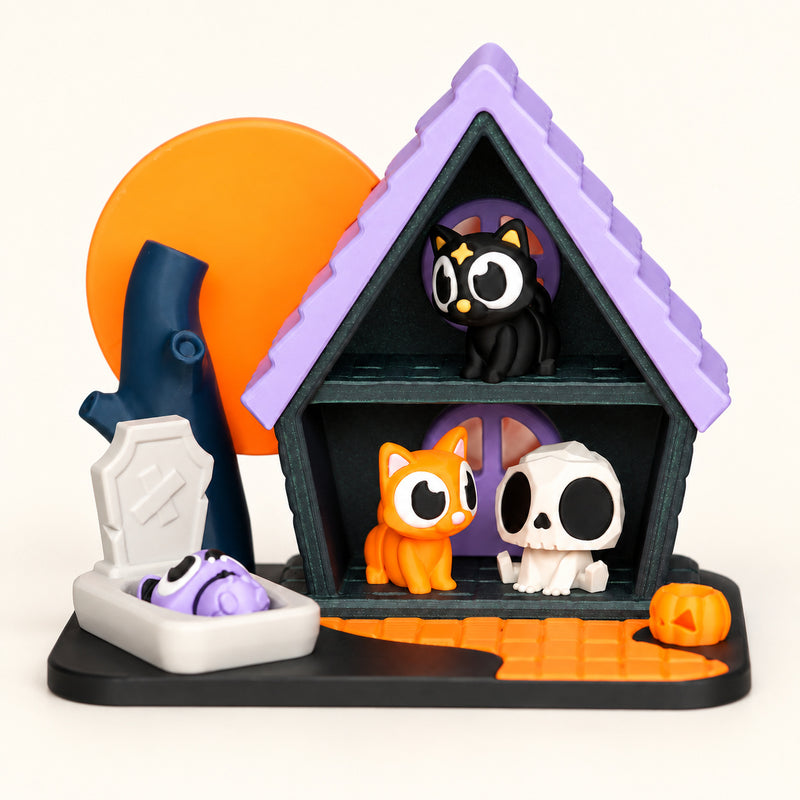 Little Haunts House Playset showing the pictured product designs on a warm ivory-white background.
