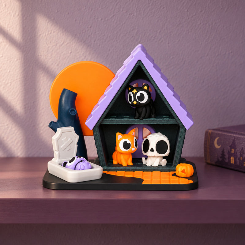 Haunted house playset resting on a plum display shelf.