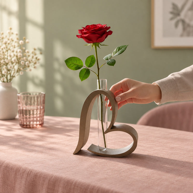 Warm-toned heart-shaped vase frame with a clear tube and red rose in a styled home setting.