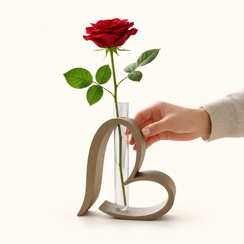 Warm-toned heart-shaped vase frame with a clear tube and red rose on a soft white background.