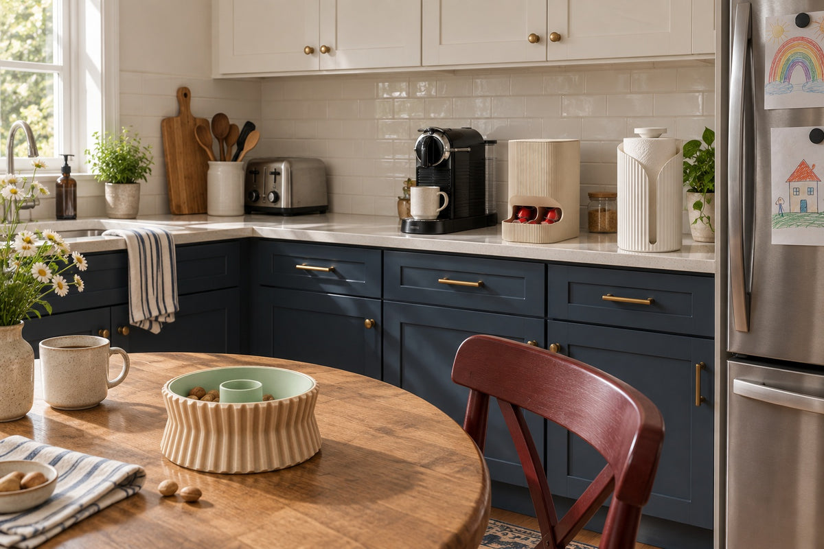 Fluted paper towel holder and coffee capsule dispenser on a kitchen counter, with a pistachio bowl on the breakfast table.