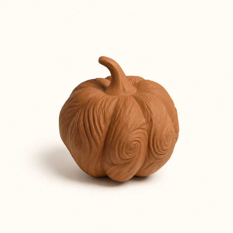 Brown irregular pumpkin decoration with swirling carved-style ridges on a soft white background.