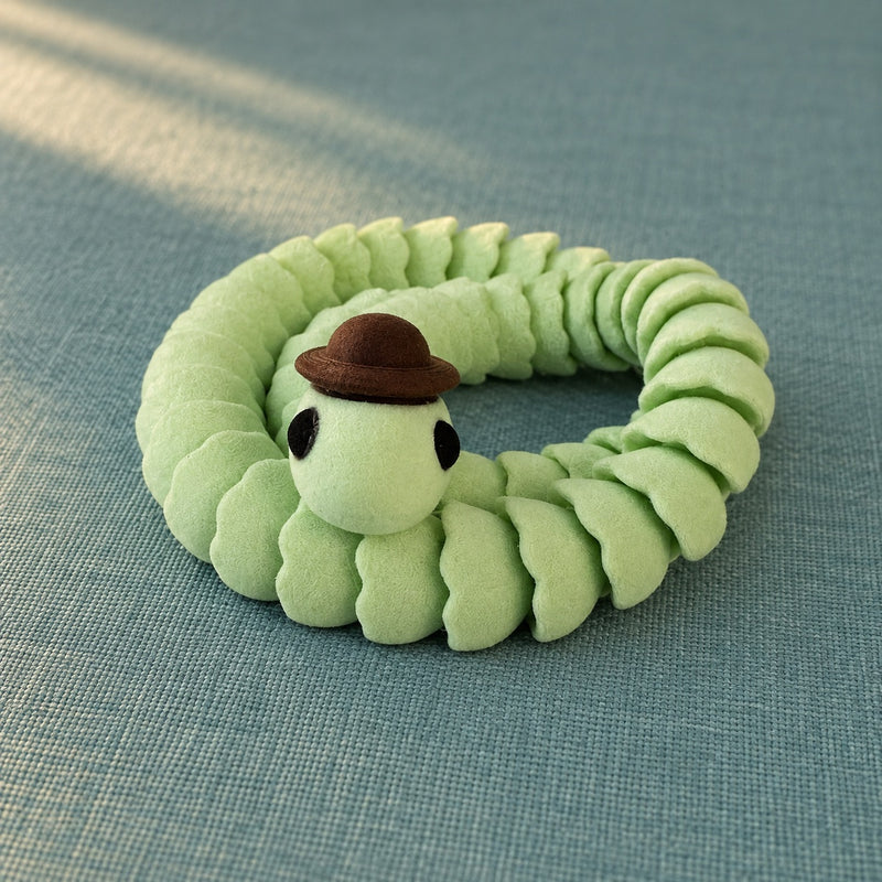 Coiled pale mint snake with brown hat resting on a teal mat.