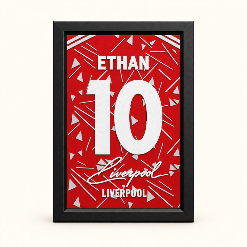 Liverpool jersey frame personalized with ETHAN and the number 10 on a soft white background.