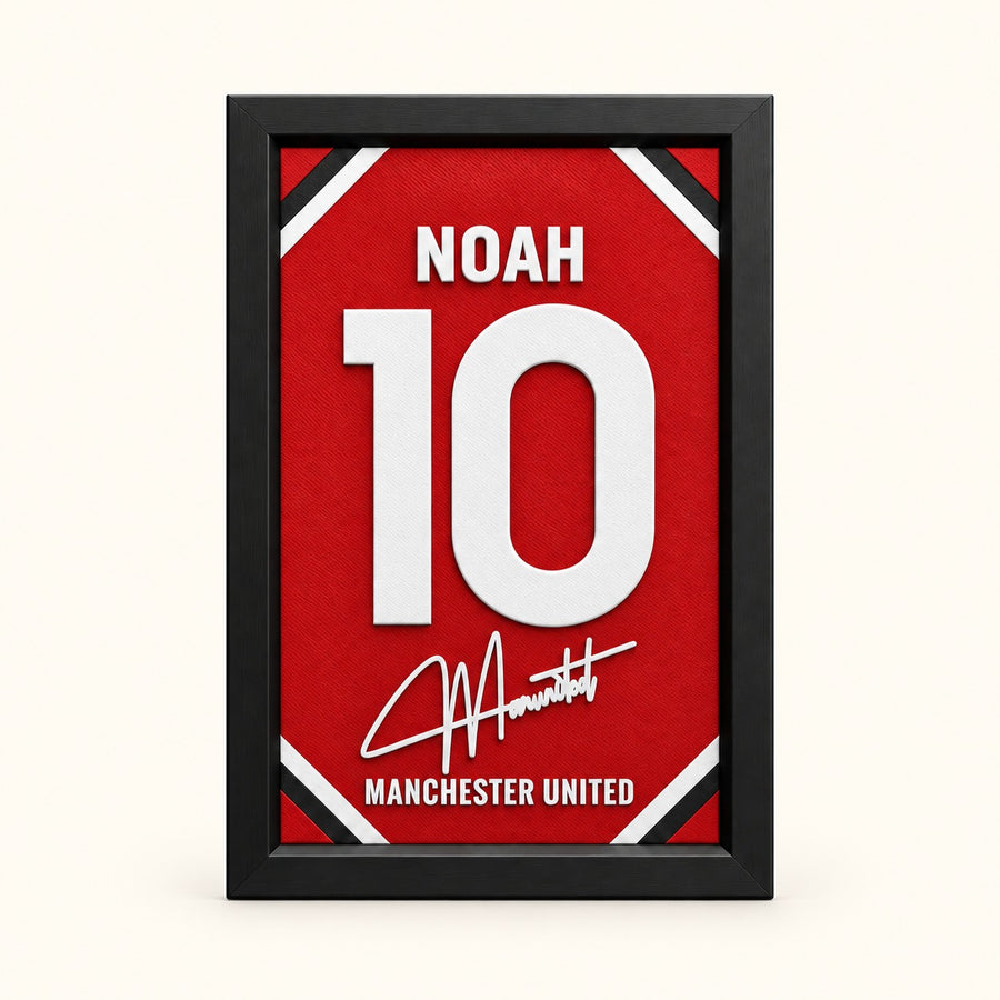 Manchester United jersey frame personalized with NOAH and the number 10 on a soft white background.