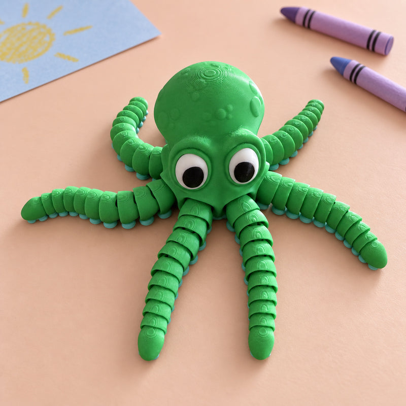 Green articulated octopus with large eyes and segmented arms in a styled home setting.