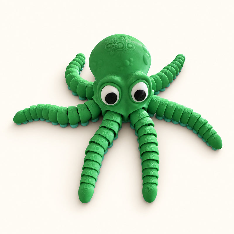Green articulated octopus with large eyes and segmented arms on a soft white background.