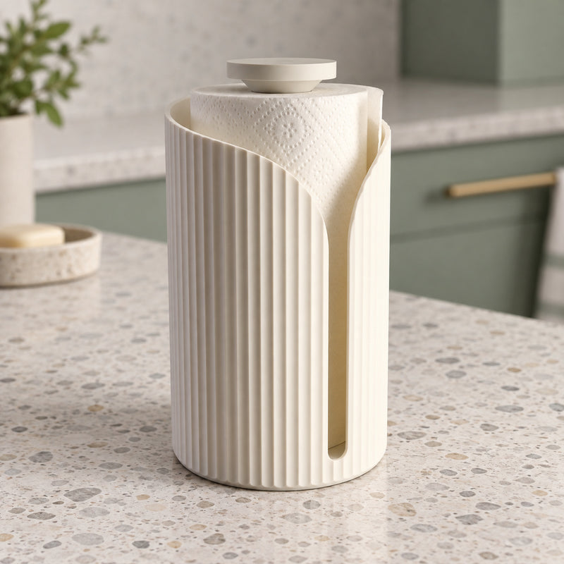 Pale fluted paper towel holder with a curved opening and top cap in a styled home setting.