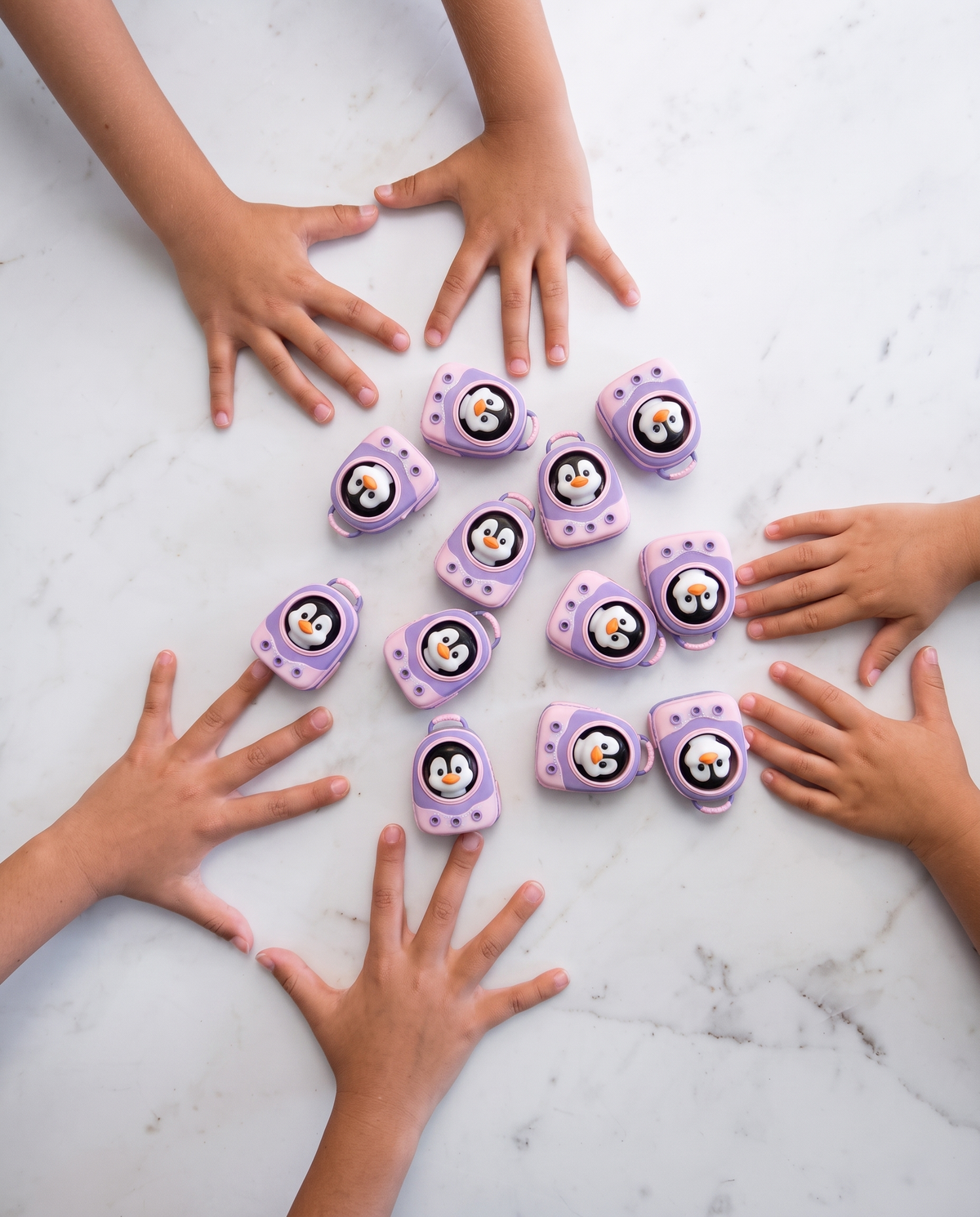 Three pairs of children's hands reaching for a penguin backpack clickers on a marble table.