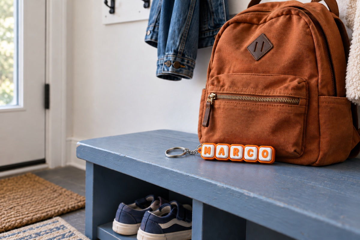 Orange and white MARCO name clicker keychain resting beside a rust-coloured backpack on a blue entryway bench.