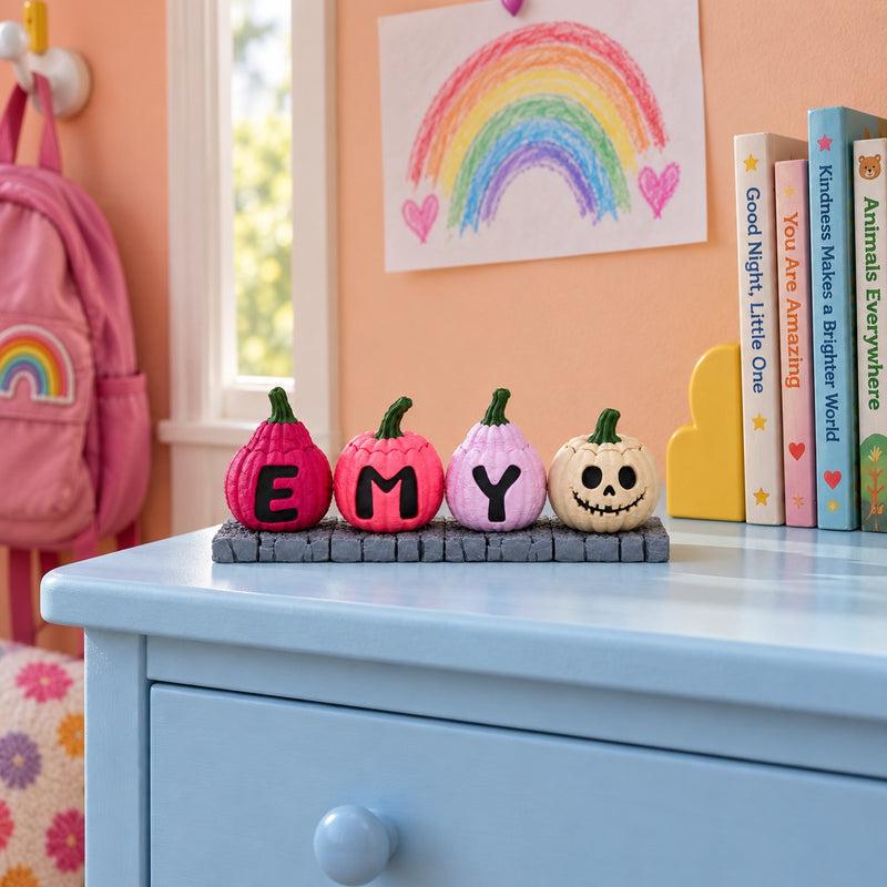 Personalised name pumpkin clickers spelling a name on stone bases