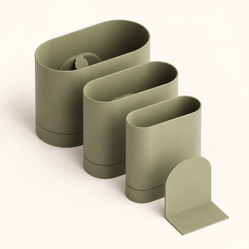 Three sizes of sage-green oval planter bookend with the L-shaped sliding plate