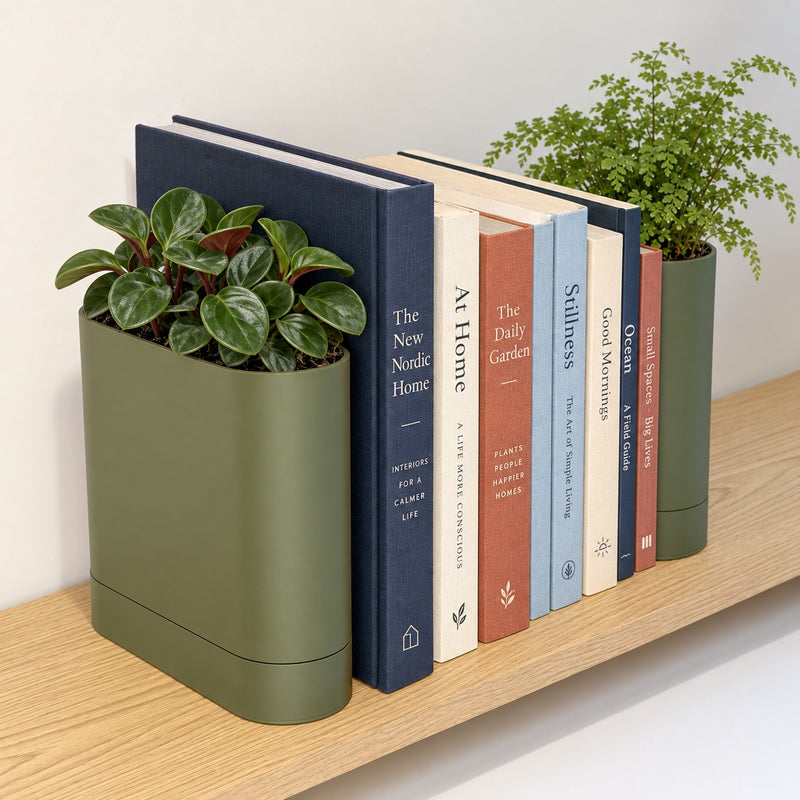 A pair of planter bookends holding books on an oak shelf, each planted with greenery