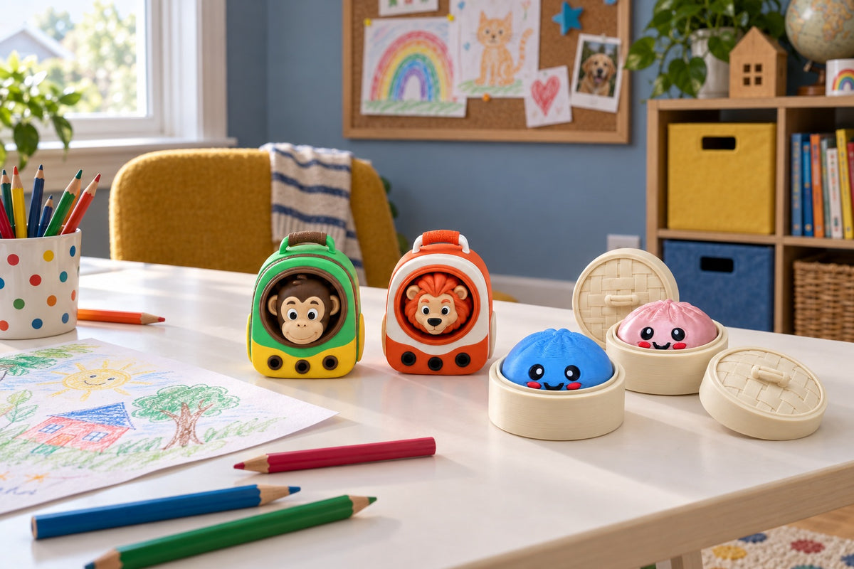 backpack and viral dumpling clickers on a desk with crayons