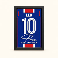 Paris Saint-Germain jersey frame personalized with LEO and the number 10 on a soft white background.