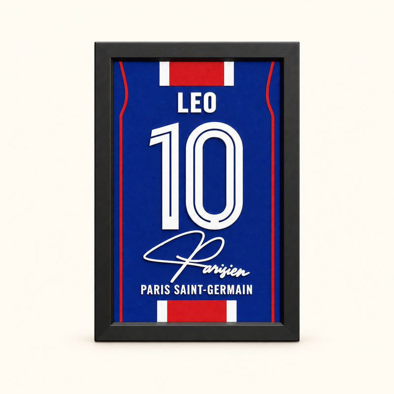 Paris Saint-Germain jersey frame personalized with LEO and the number 10 on a soft white background.