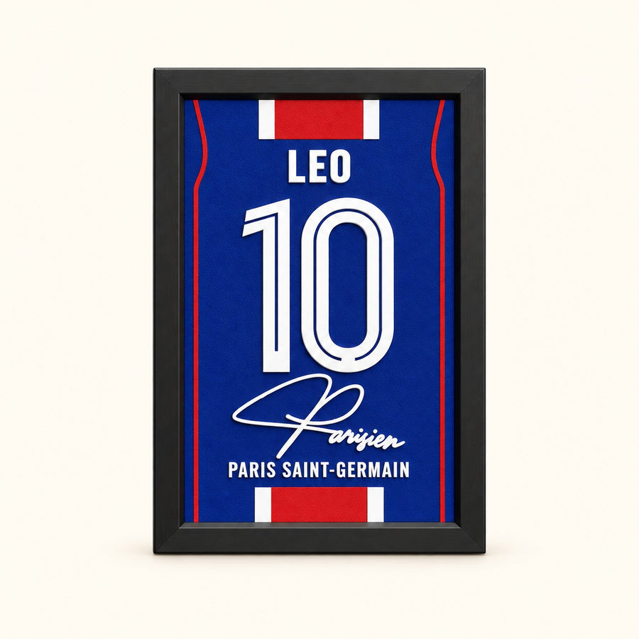 Paris Saint-Germain jersey frame personalized with LEO and the number 10 on a soft white background.