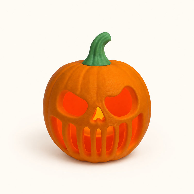 Orange grinning pumpkin lantern with a green stem and warm interior light on a soft white background.