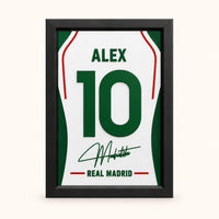 Real Madrid jersey frame personalized with ALEX and the number 10 on a soft white background.